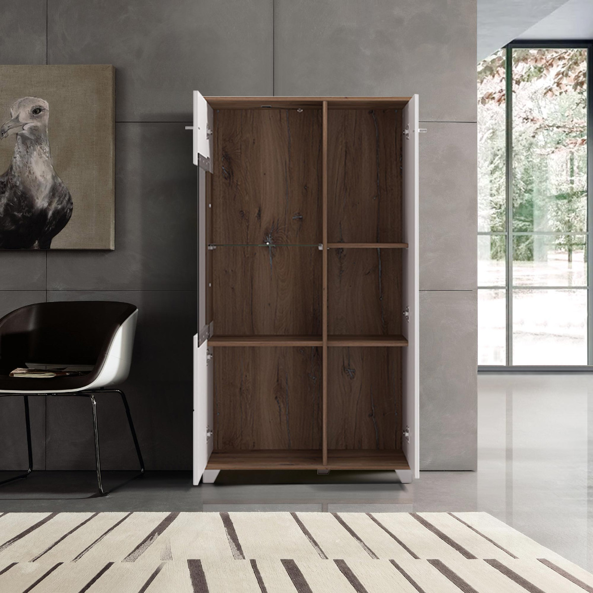 Mobile 2 ante con vetro, finitura Quercia e Bianco