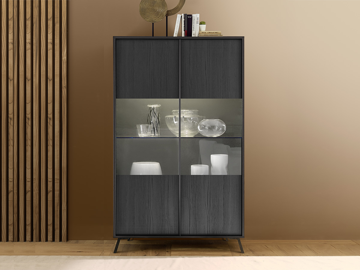 Vetrina moderna 2 ante parzialmente vetro, finitura Nero Frassinato