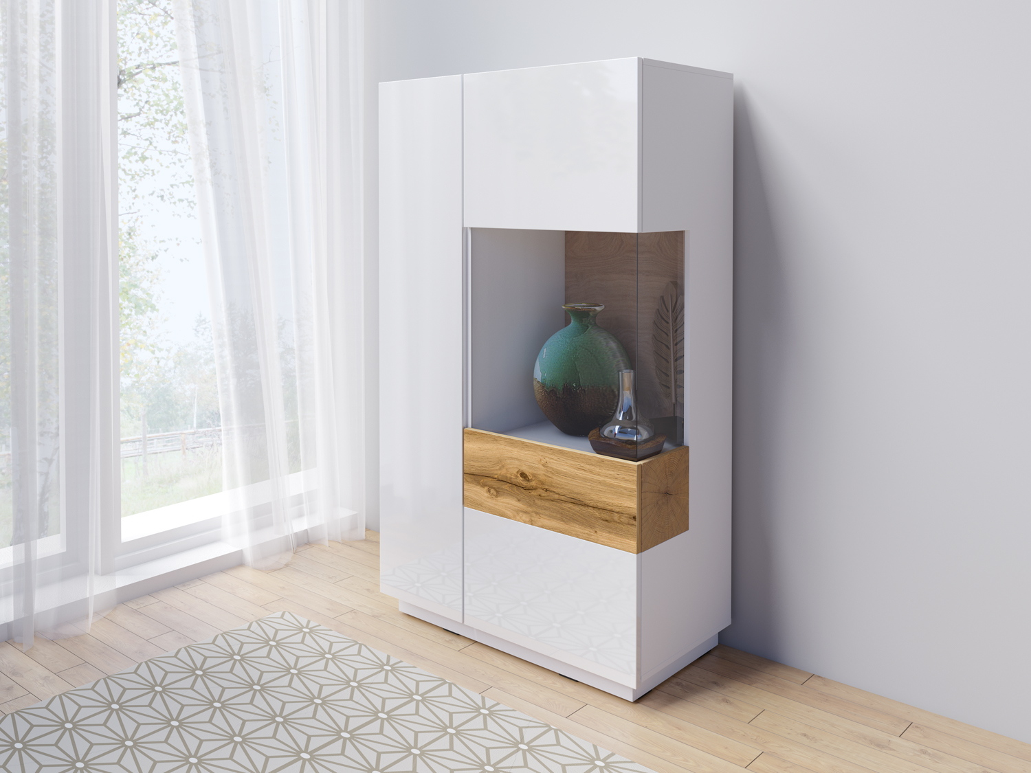 Madia alta, vetrina di design bianco lucido e rovere naturale