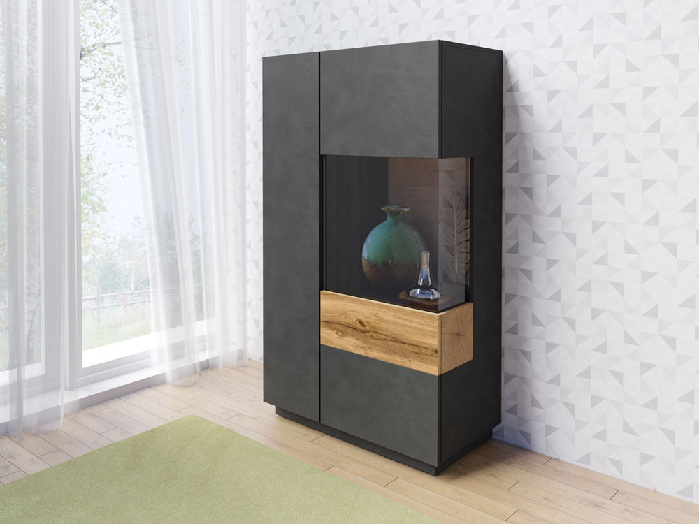 Soggiorno di design composto da porta TV e vetrina, antracite e rovere naturale