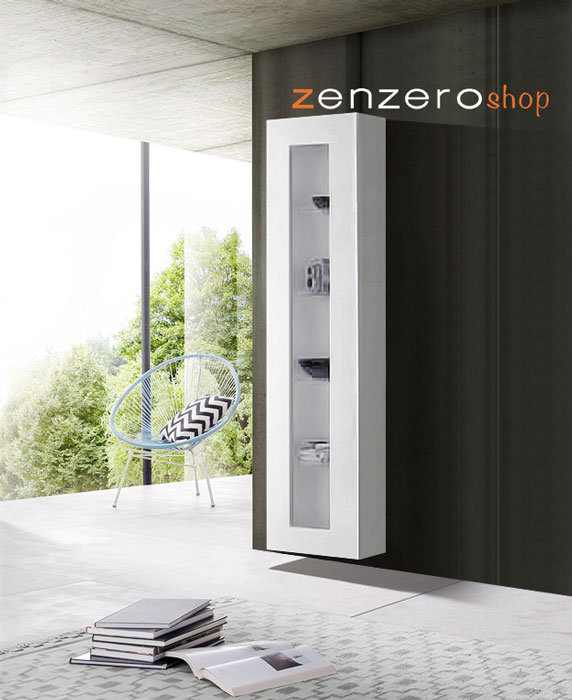 Vetrina sospesa con anta battente, finitura bianca lucida