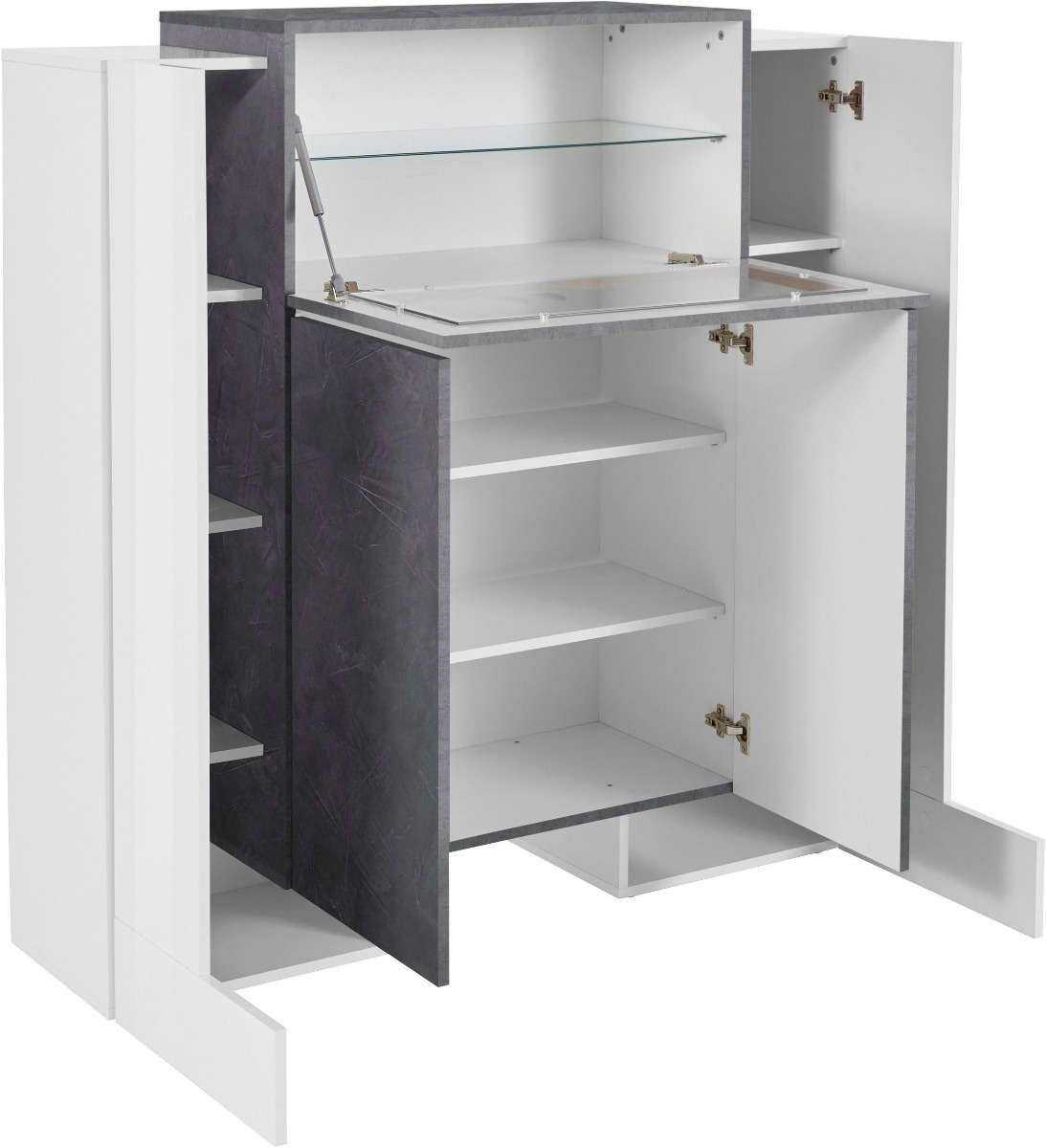 Vetrinetta di design 4 ante una ribalta, finitura Ardesia e Bianco laccato lucido