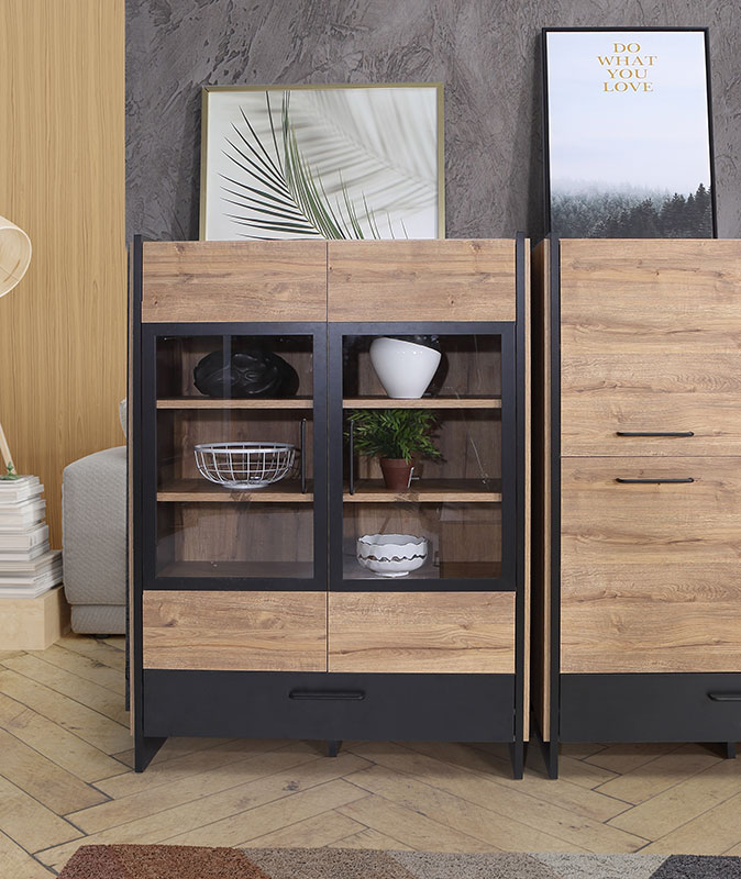 Vetrinetta industry 2 ante 1 cassetto, finitura Rovere Waterford e Nero