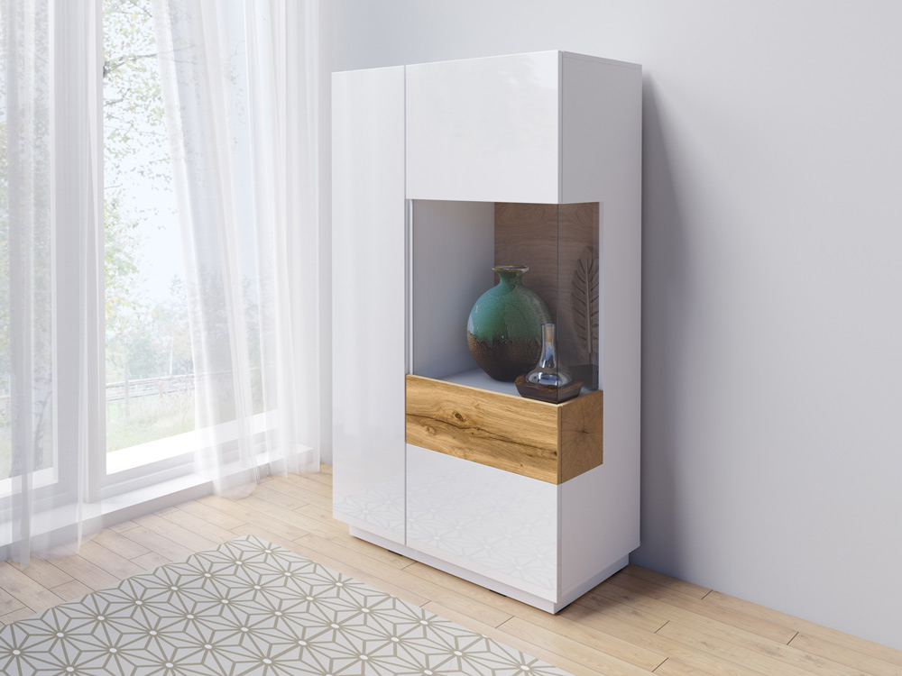 Zona giorno composta da da porta TV e vetrina, bianco e rovere naturale