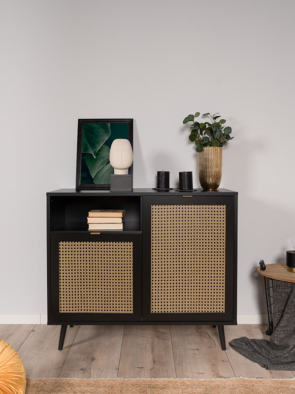 Madia moderna Arendal con 2 ante in finitura Nero opaco con dettagli Oro