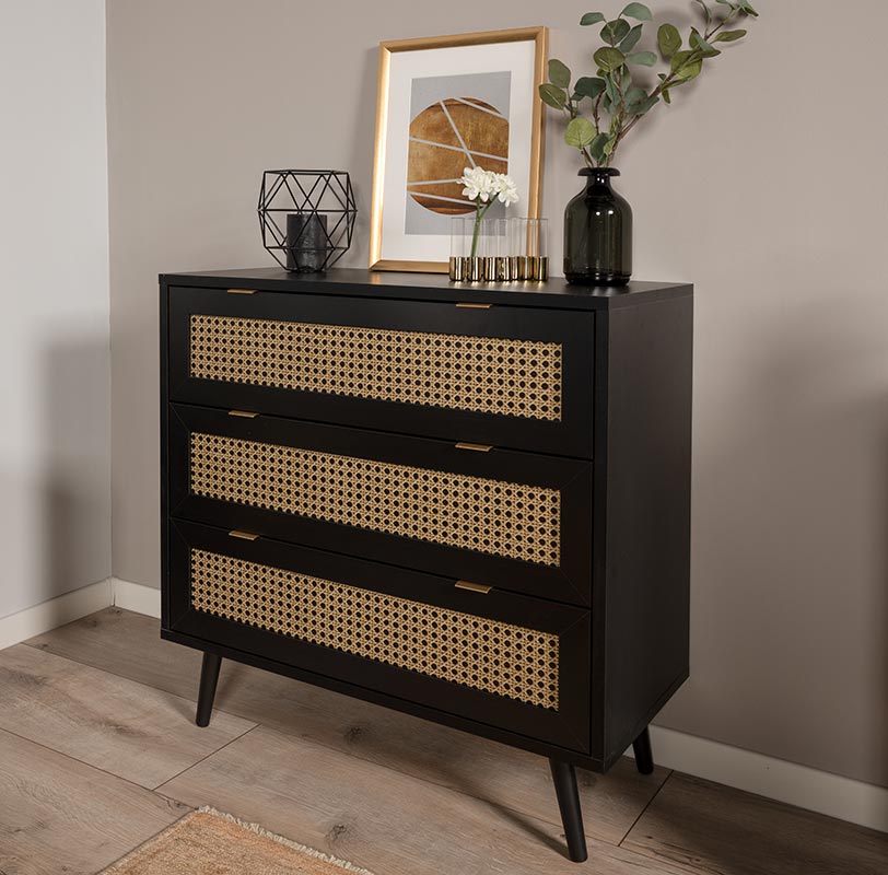 Madia moderna Arendal con 3 cassetti in finitura Nero opaco con dettagli Oro