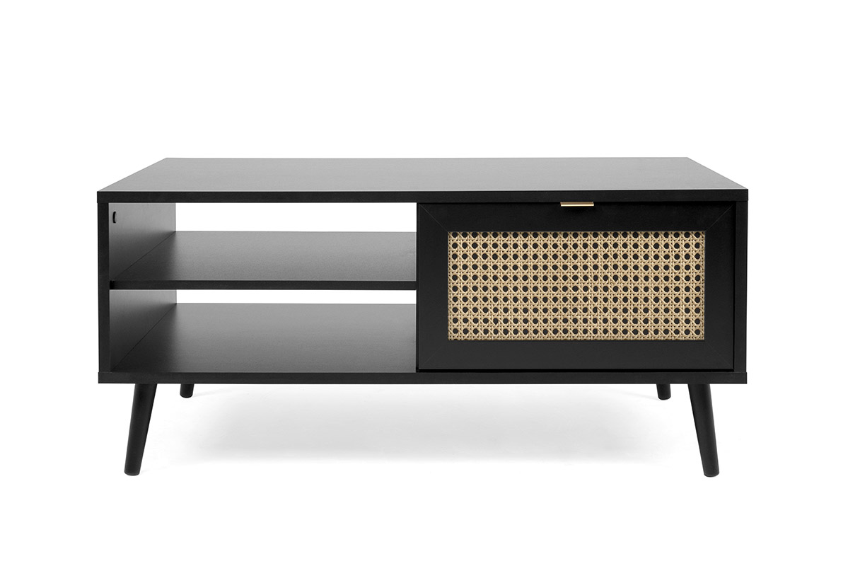 Tavolino moderno Arendal con un'anta in finitura Nero opaco con dettagli Oro