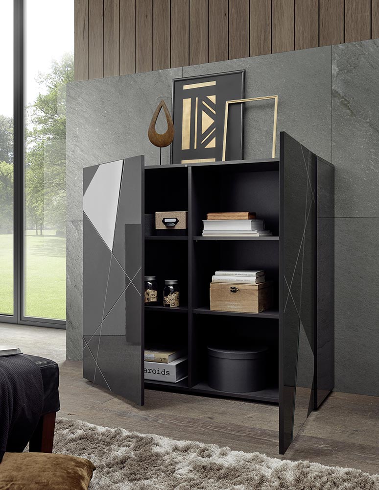 Soggiorno moderno completo  in finitura Grigio lucido con specchi