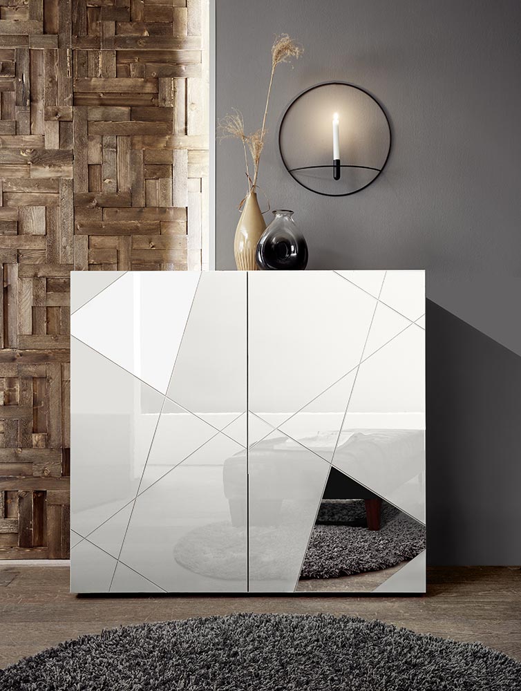 Soggiorno con libreria, credenza e tavolo in Bianco lucido