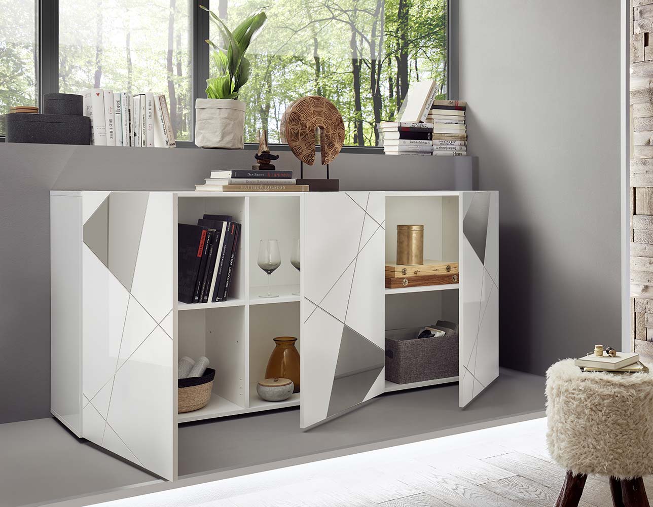 Soggiorno con libreria, credenza e tavolo in Bianco lucido
