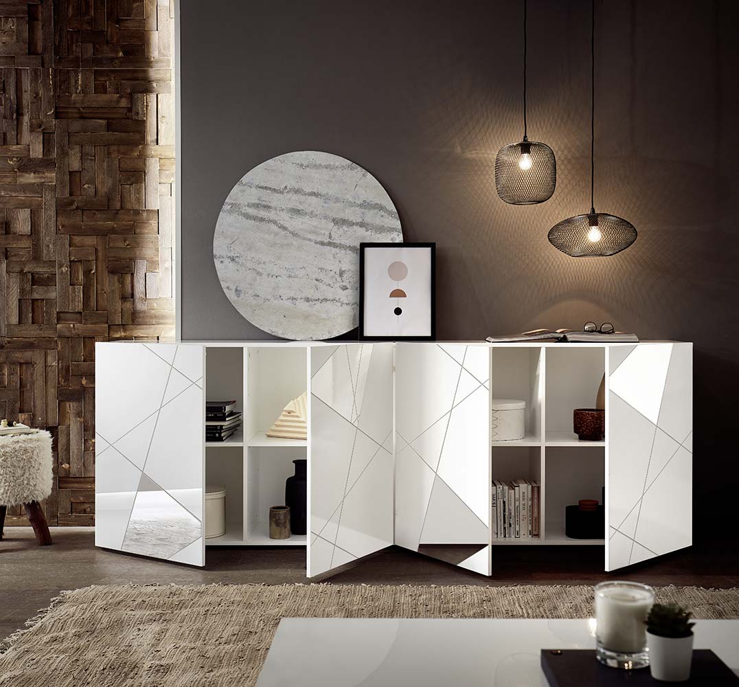Mobili salotto moderni, madia bianca serigrafata con specchi
