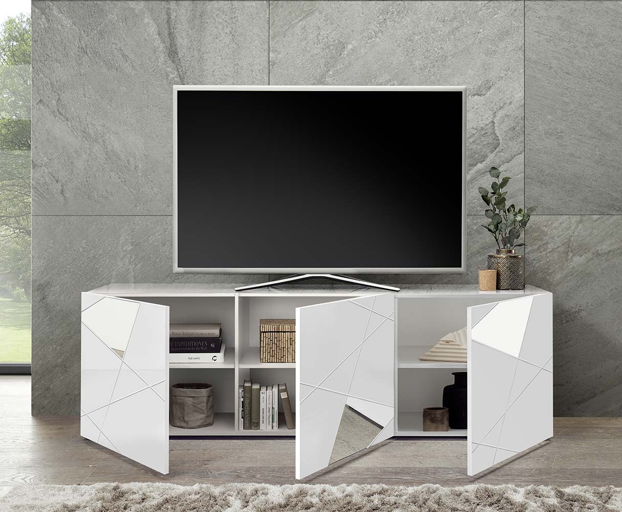 Mobile porta tv  serigrafato con 3 ante e specchi in finitura Bianco lucido