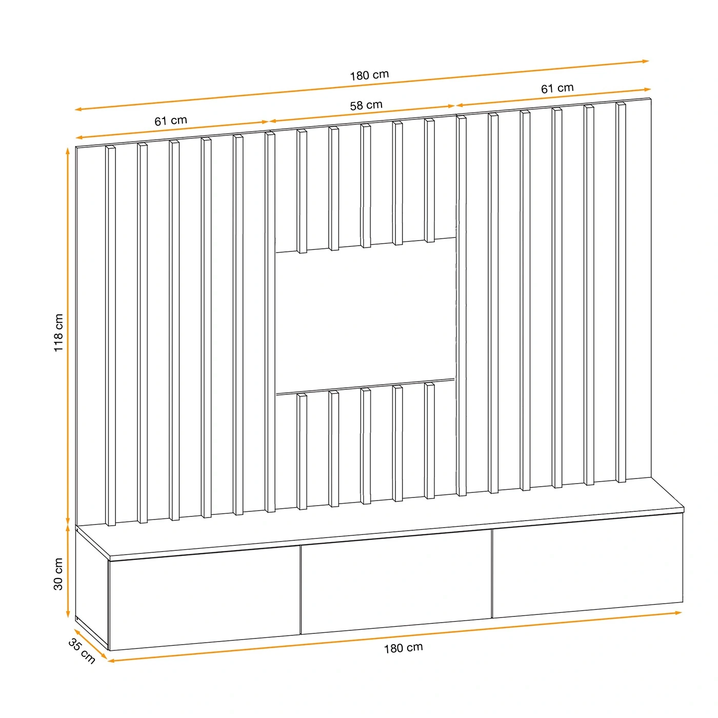 Parete attrezzata sospesa con Boiserie cannettata, 180x148x36 h cm, Cashmere e Rovere artisan