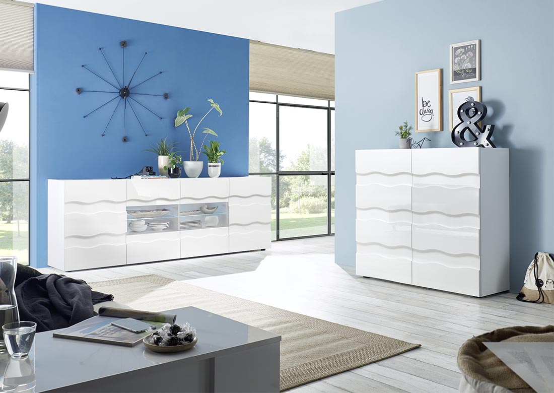 Sala moderna, composta da 2 Madie onda, 2 ante e 2 ante 4 cassetti, Bianco lucido