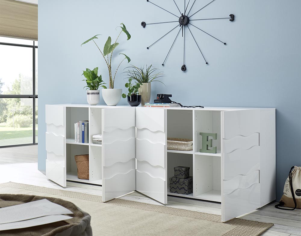 Madia onda a 4 ante, finitura bianco lucido, design moderno