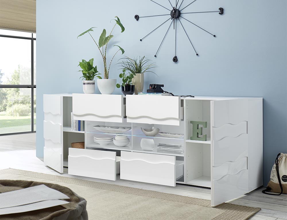 Credenza Madia onda a 2 ante 4 cassetti, finitura bianco lucido, design moderno