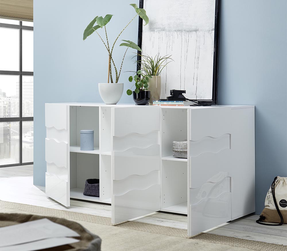 Madia onda a 3 ante, finitura bianco lucido, design moderno