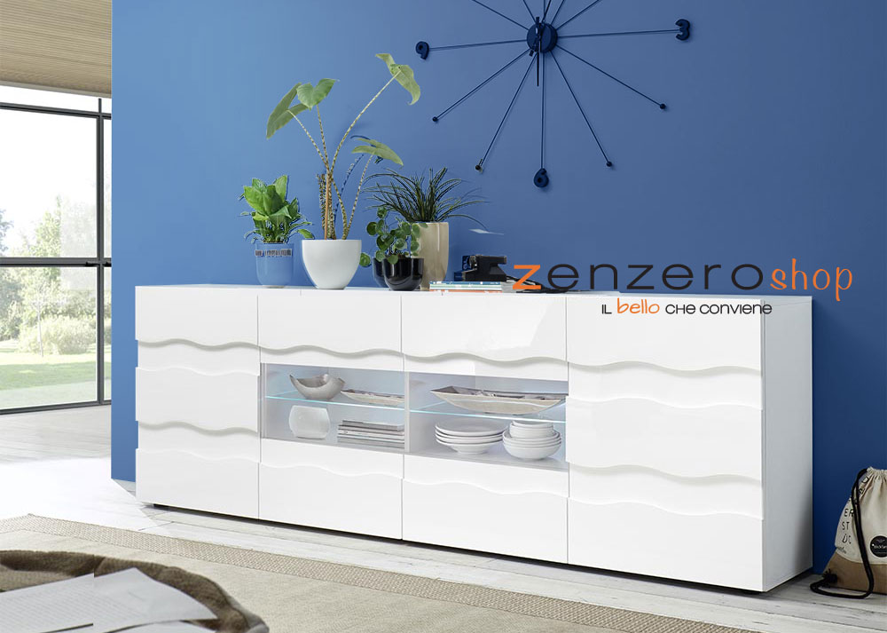 Madia onda a 2 ante 4 cassetti, finitura bianco lucido, design moderno