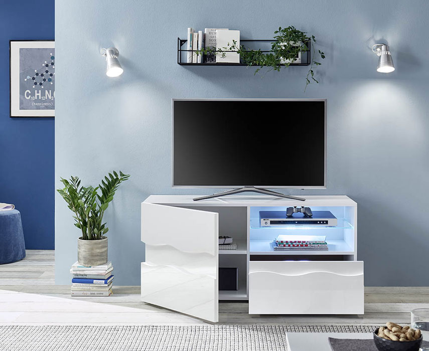 Porta TV onda 1 anta 1 cassetto, finitura bianco lucido, design moderno