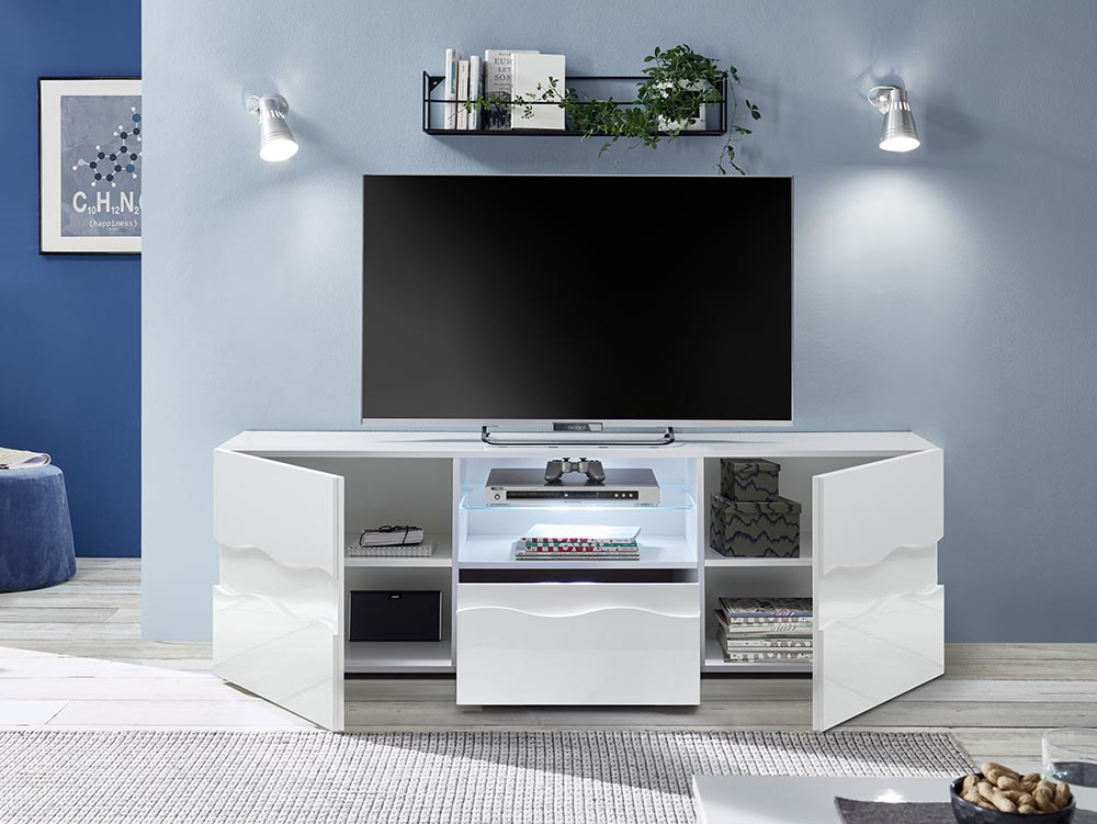 Porta TV onda 2 ante 1 cassetto, finitura bianco lucido, design moderno