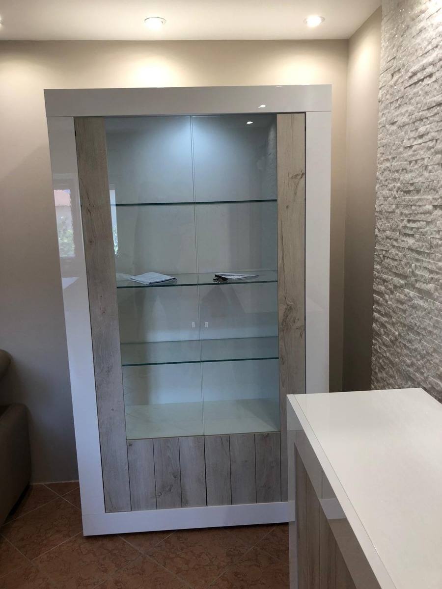 Vetrina Bianca Lucida e Pino Bianco a 2 ante con ripiani in vetro