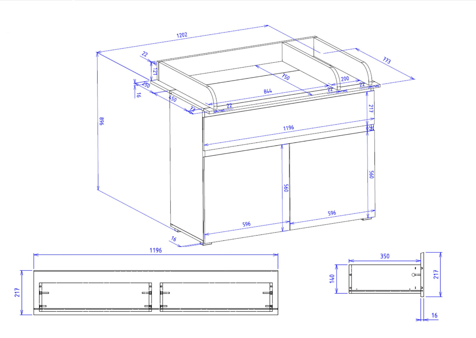 Mobiletto fasciatoio con 2 ante 1 cassetto, finitura Bianco