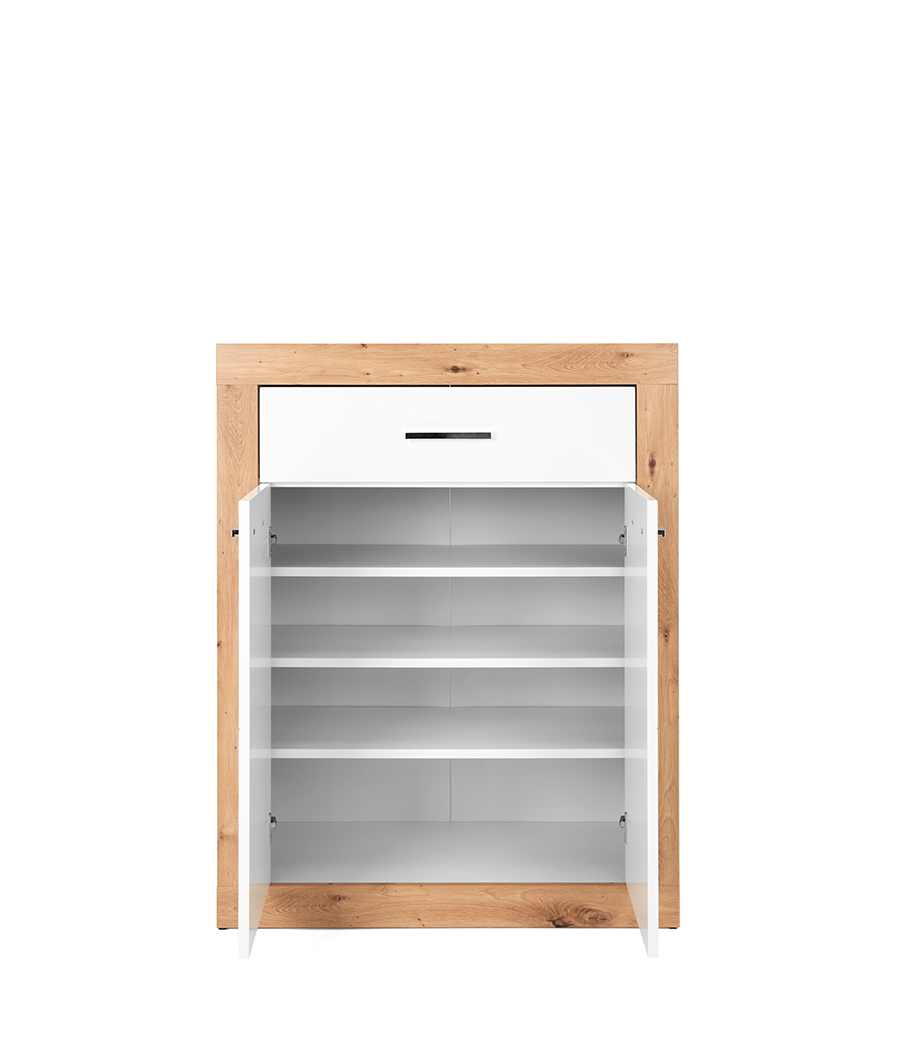 Scarpiera moderna, 2 ante 1 cassetto, in finitura bianco lucido e artisan oak