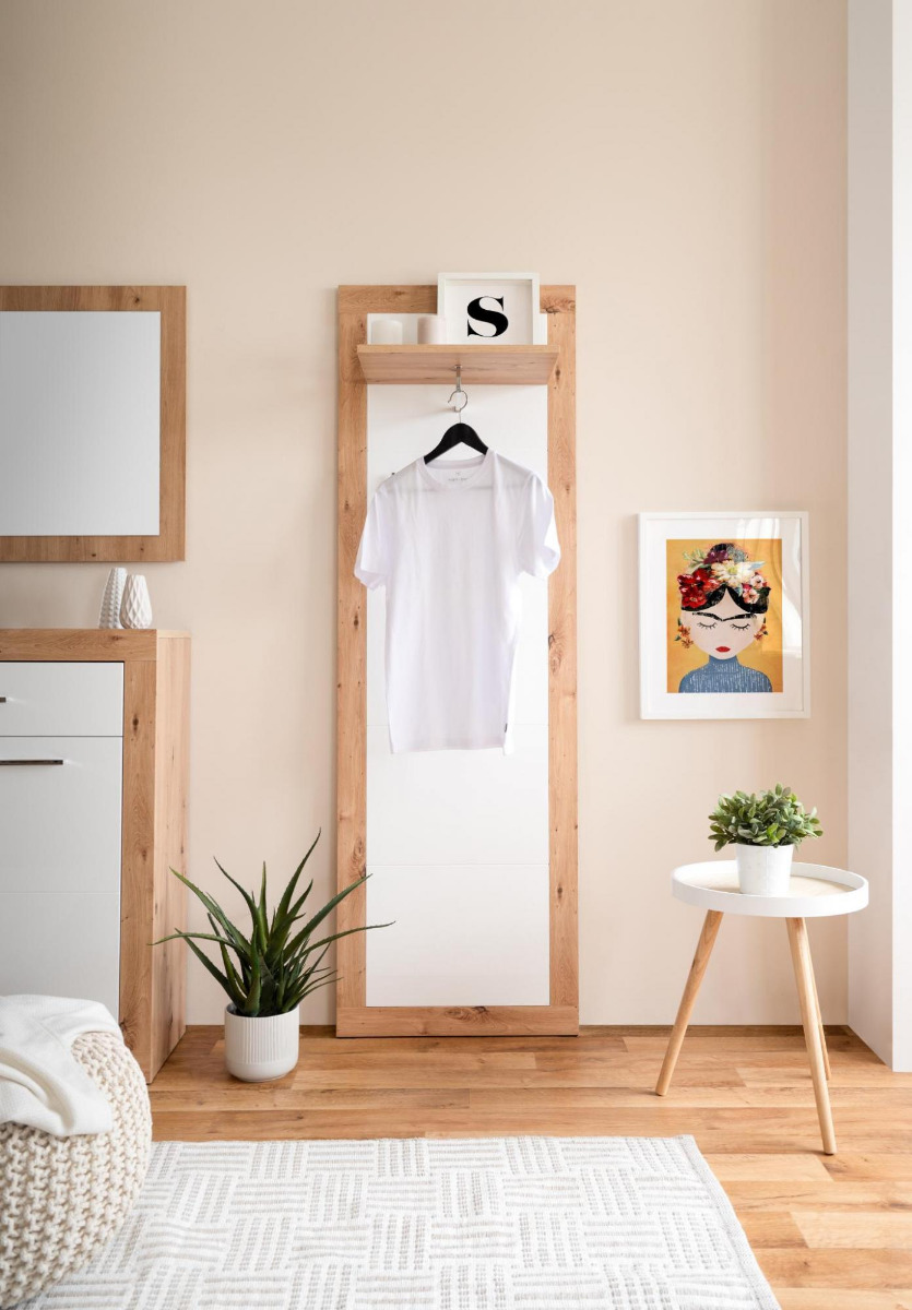 Appendiabiti da ingresso, finitura bianco lucido e quercia