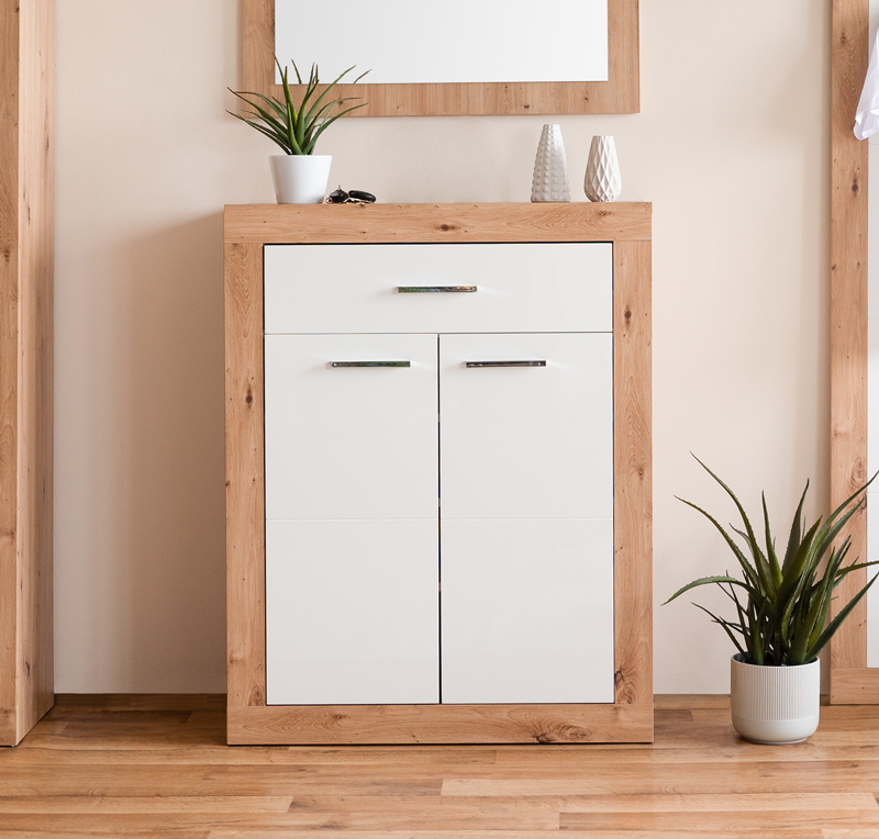 Scarpiera moderna, 2 ante 1 cassetto, in finitura bianco lucido e artisan oak