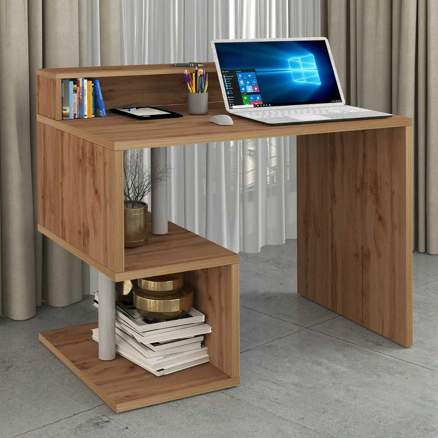 Scrivania dotata di 2 vani portaoggetti, 100x90x50 h cm, Rovere Wotan Zenzero Shop