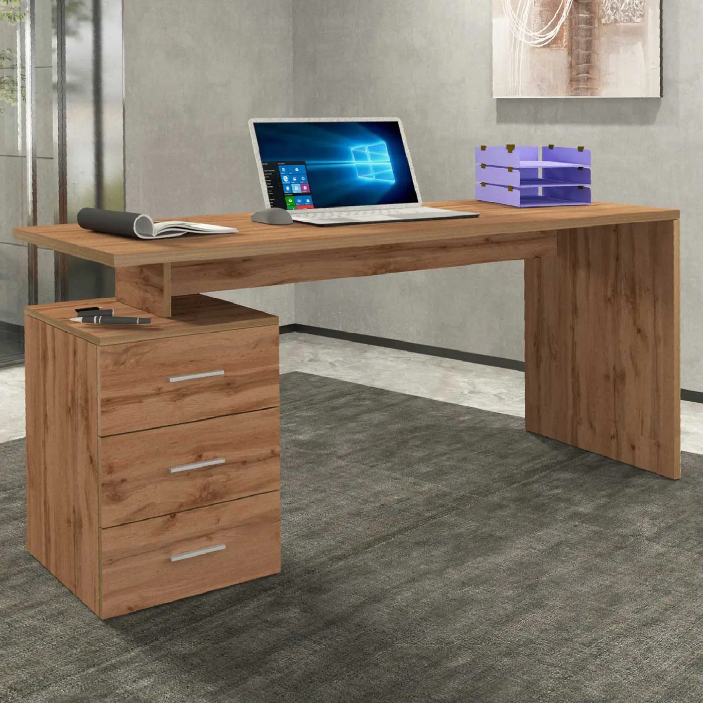 Scrivania 3 cassetti, 160x75x60 h cm, Rovere wotan