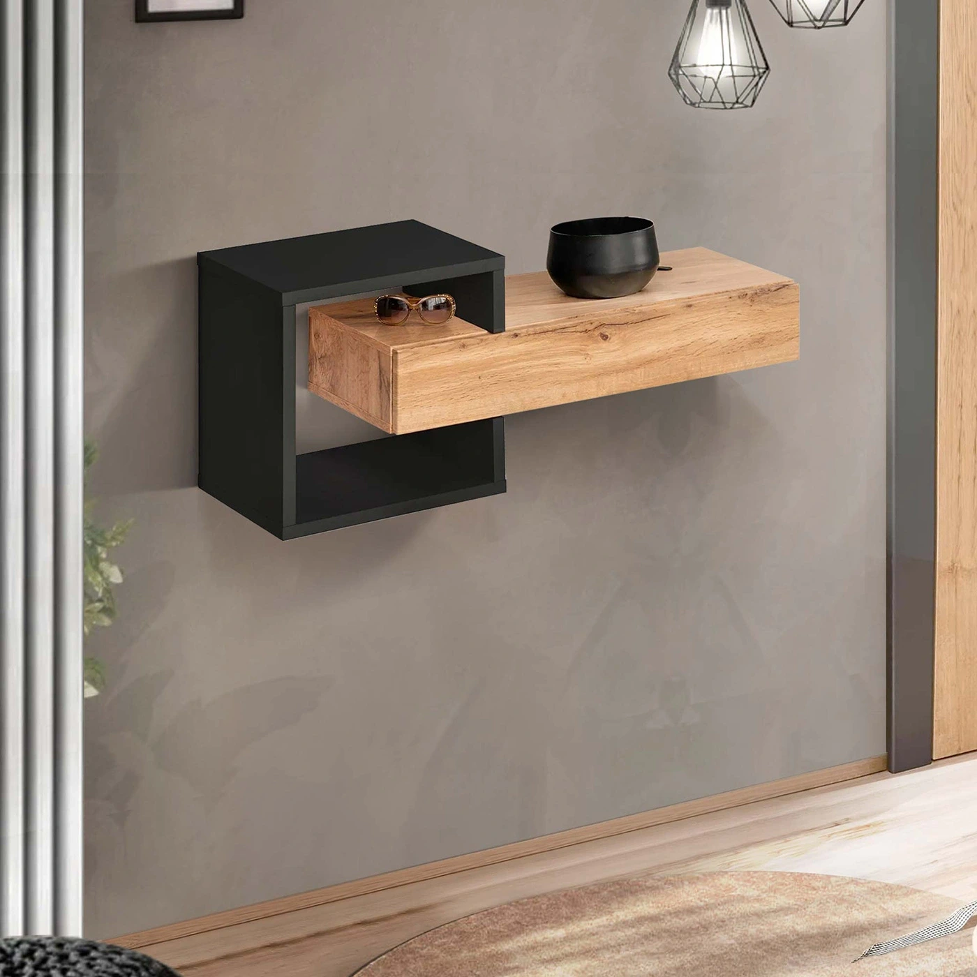 Composizione di 2 mobili sospesi da ingresso, 100x40x30 h cm, Nero e Rovere wotan