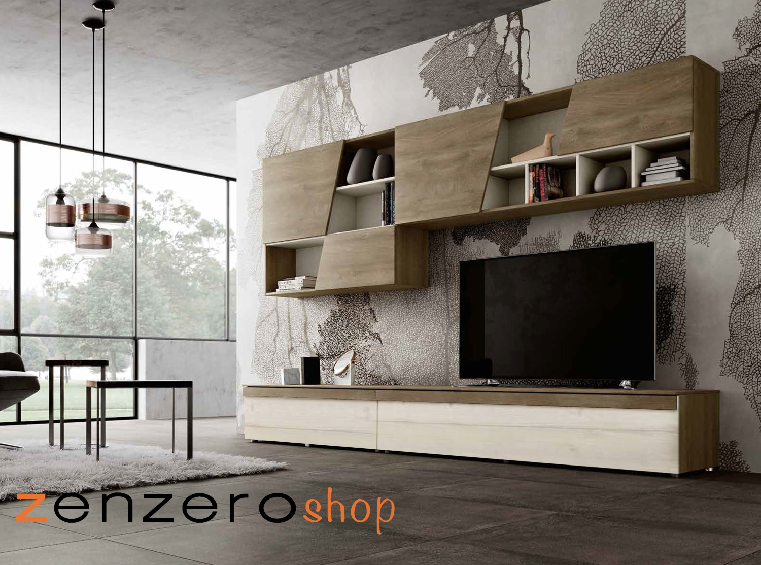 Parete attrezzata personalizzabile, finitura Quercia e Rovere sbiancato