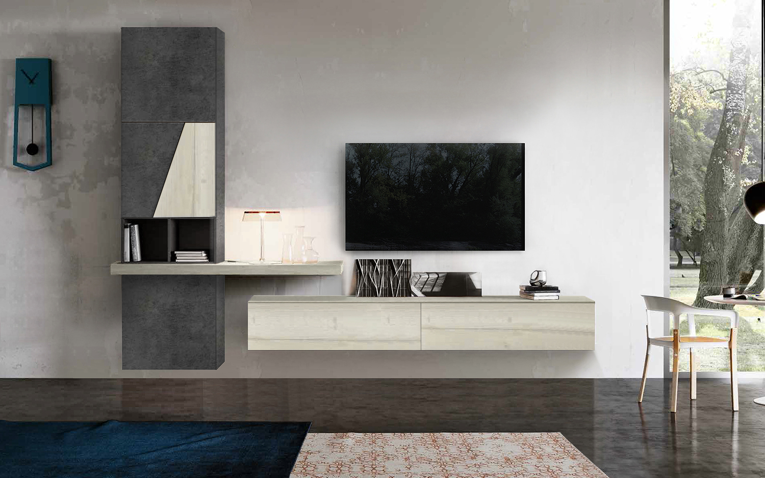 Parete attrezzata sospesa in finitura Rovere sbiancato e Ardesia scura