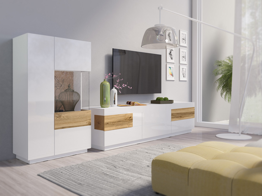 Capiente Porta TV L.206, bianco lucido e rovere naturale 