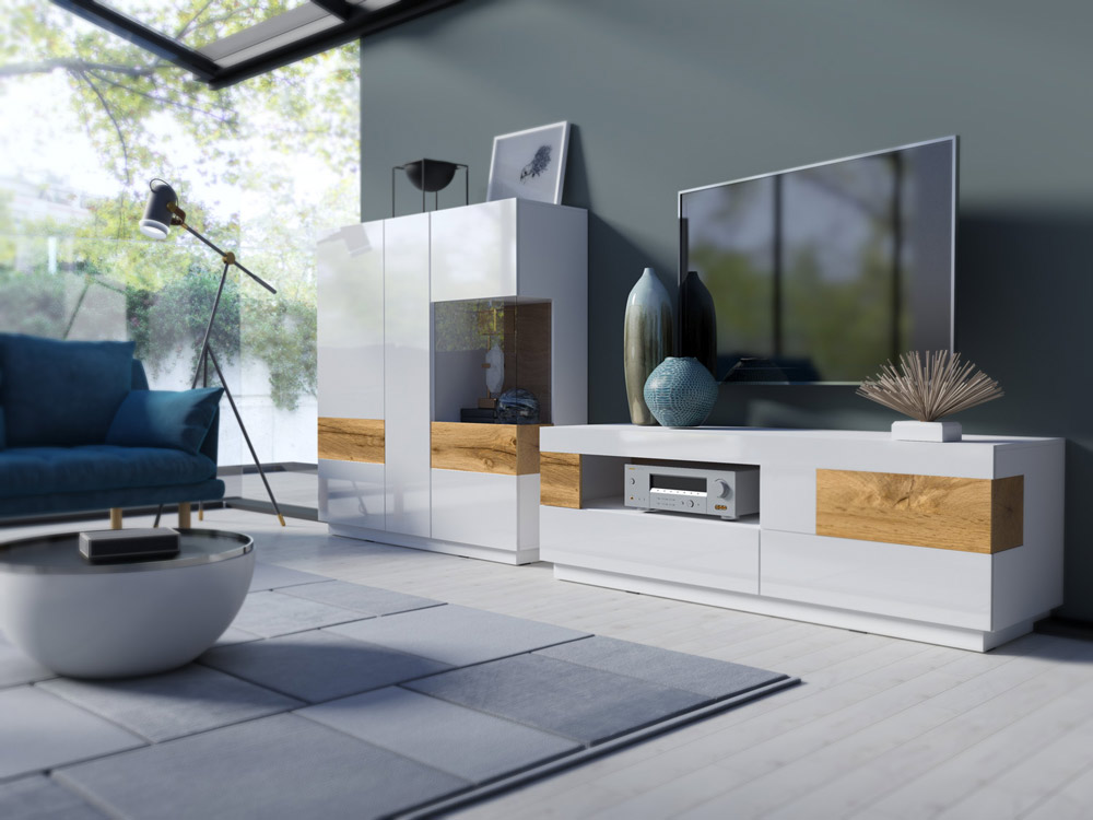 Salotto moderno, colore rovere naturale e bianco lucido 