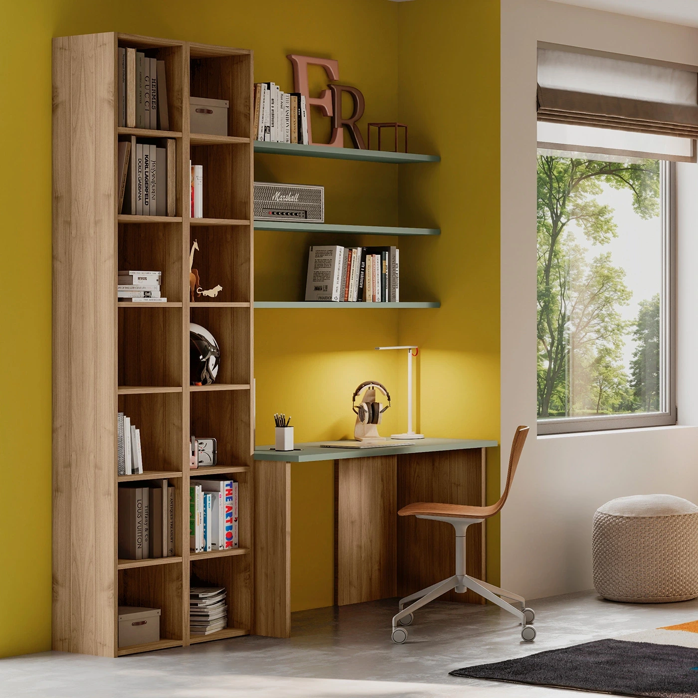 Zona studio per ragazzi con scrivania e libreria, Noce biondo e Agave