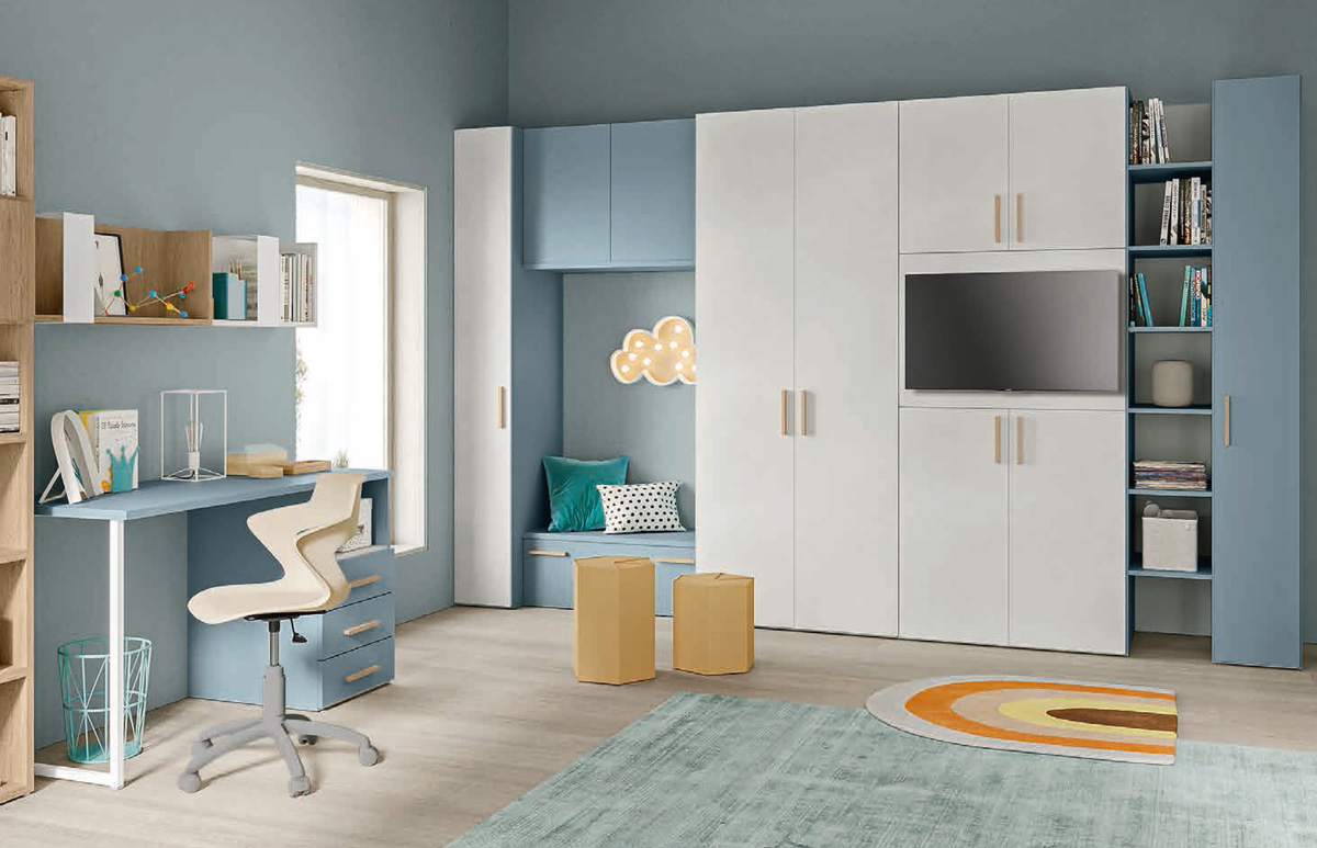 Armadio con porta tv e libreria, finitura Cemento artico, Cadaques e Royal oak