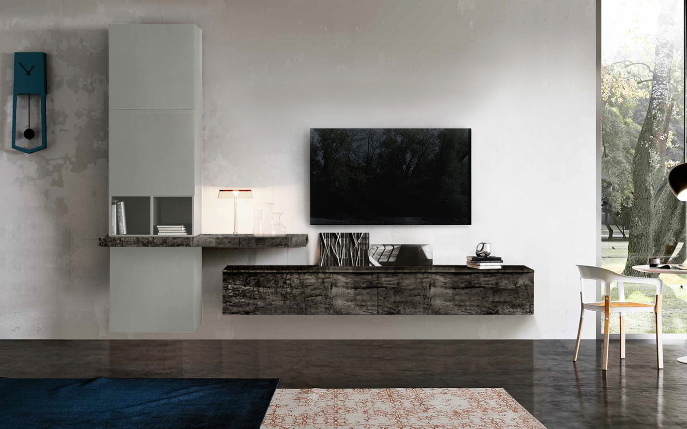 Parete attrezzata sospesa in finitura Grigio Seta e legno bruciato